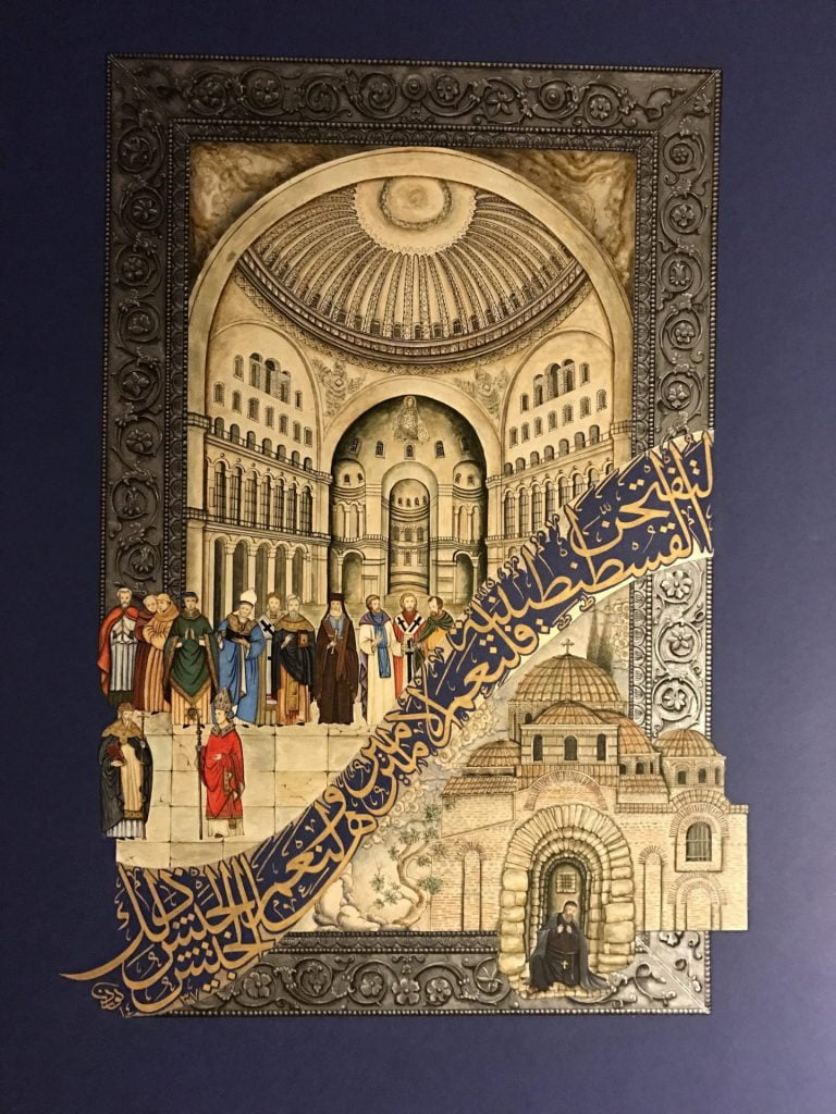 Artwork from the 'Fatihname' exhibition, featuring miniature paintings of Sultan Mehmed II life, Istanbul, Türkiye, May 29, 2024.