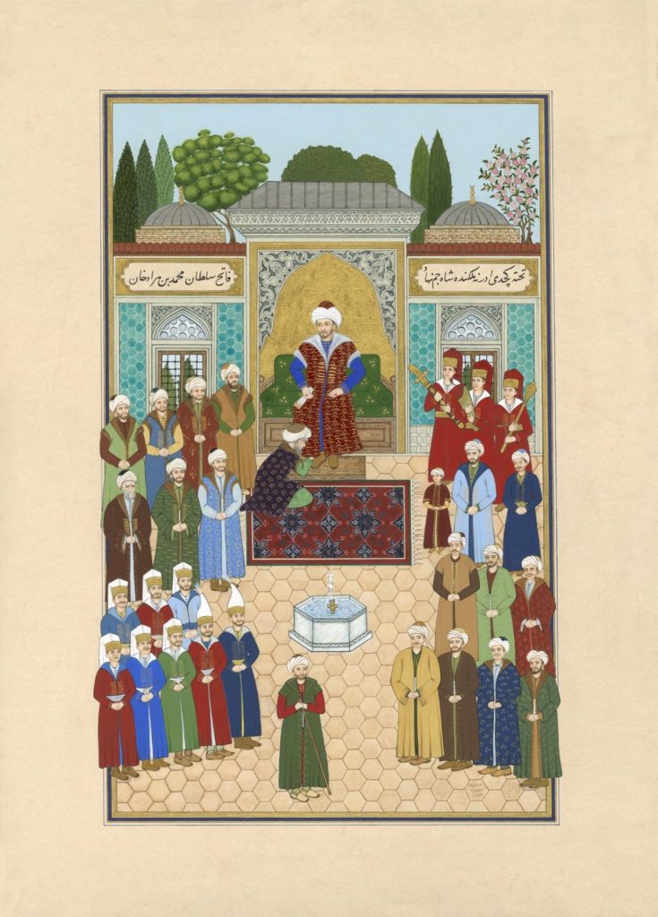 Artwork from the 'Fatihname' exhibition, featuring miniature paintings of Sultan Mehmed II life, Istanbul, Türkiye, May 29, 2024.