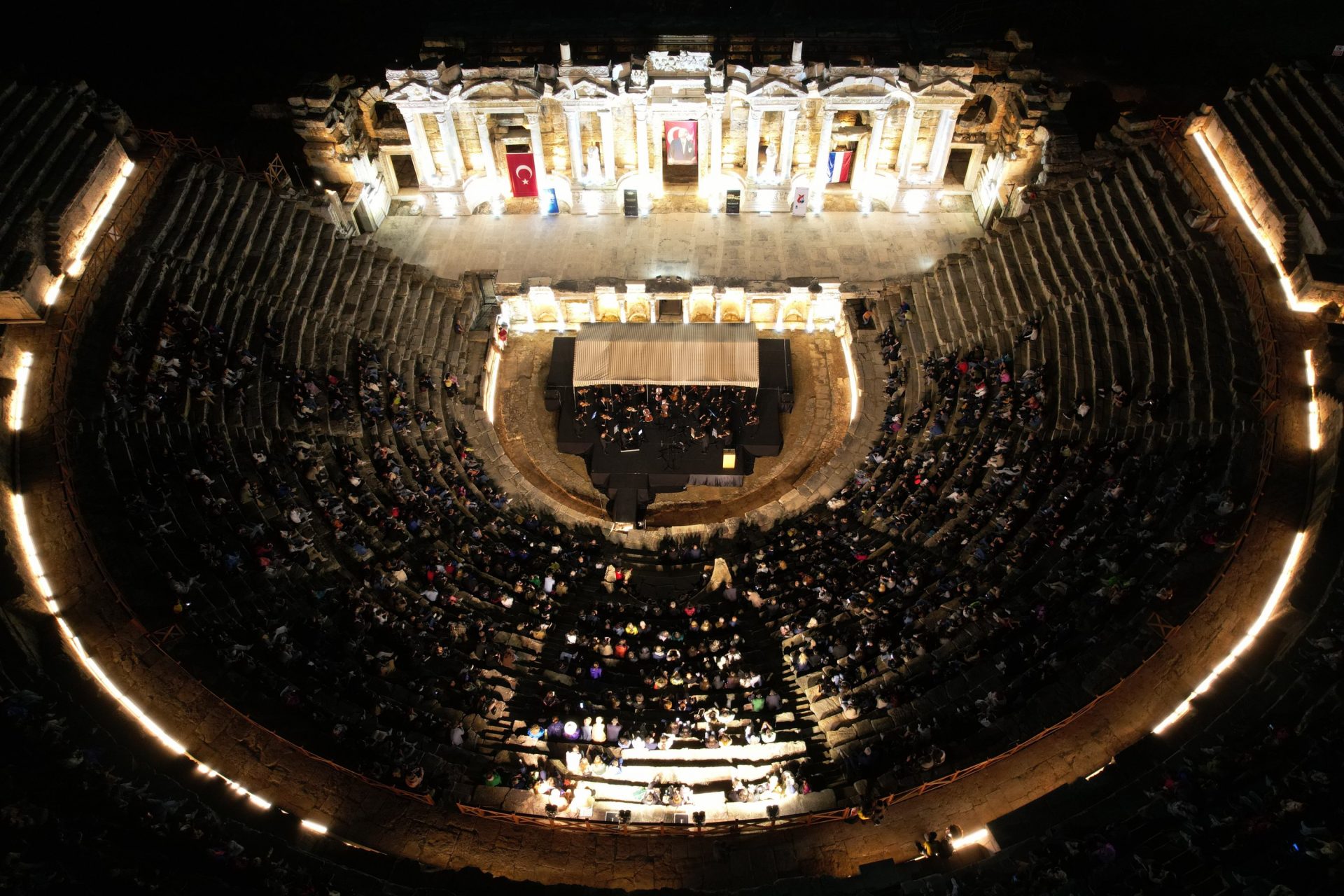 Celebrating 100 years of friendship between Türkiye and the Netherlands, chamber orchestras from both countries perform together at the Hierapolis ancient theater, Denizli, Türkiye, May 22, 2024. (IHA Photo)