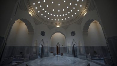 Historical Ottoman hammam, showcasing restored Iznik tiles and traditional architecture.
