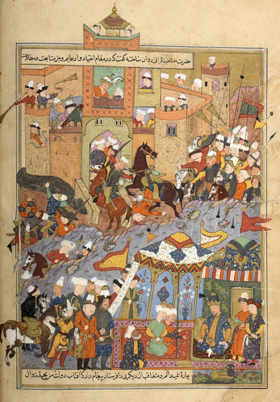 Timur at the siege of the fortress of Balkh in 1370. Miniature from the Persian Chronicle. 1599/British library/Wikimedia commons