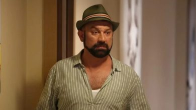 Bearded man in a green fedora and a green striped shirt stands in an indoor hallway in a still from a TV series.