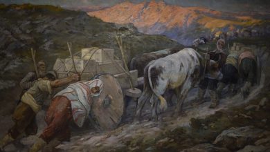 Oil painting of villagers and oxen hauling a crate-laden cart up a rocky mountain path at sunset