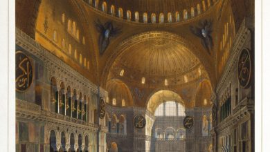 A 19th-century illustration of the vast, golden interior of Hagia Sophia, with worshippers praying under its main dome.