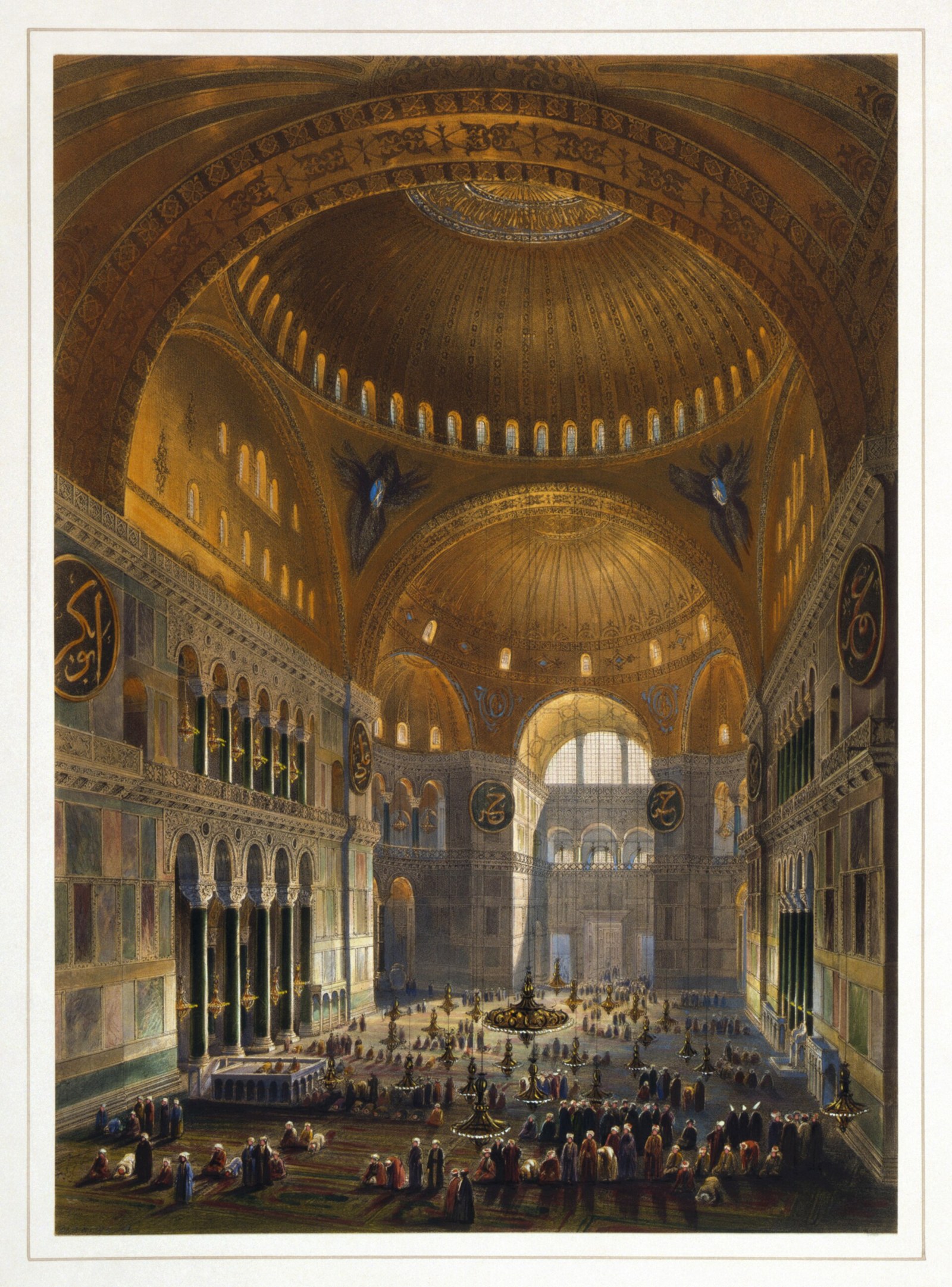 A 19th-century illustration of the vast, golden interior of Hagia Sophia, with worshippers praying under its main dome.