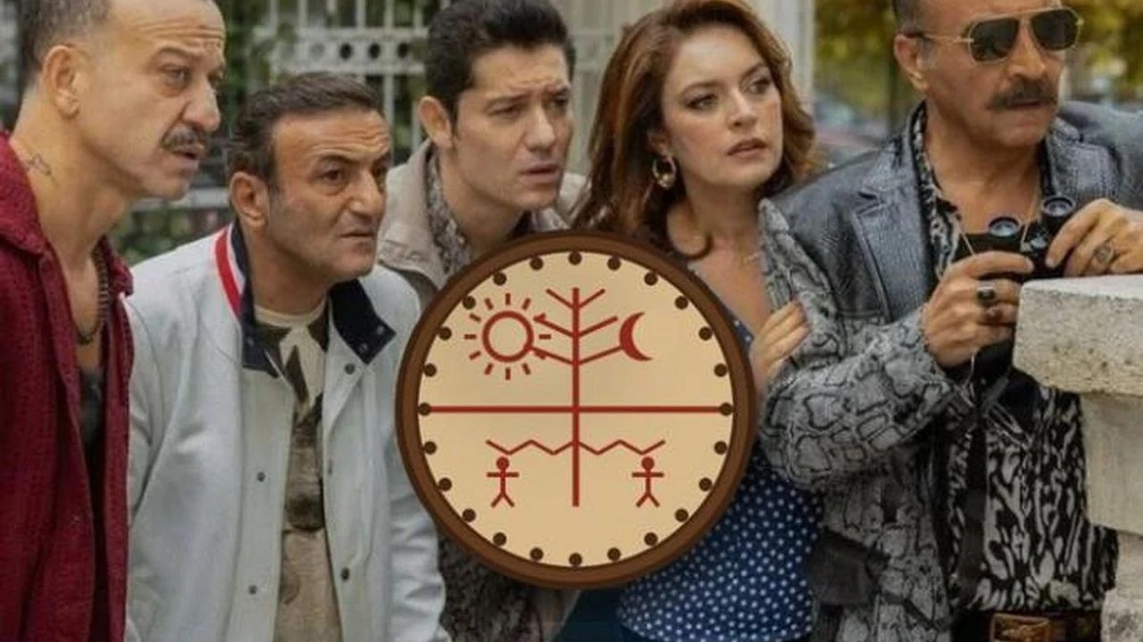Four men and a woman peer intently in the same direction, one holding binoculars, with a round sun, tree and moon emblem in the center