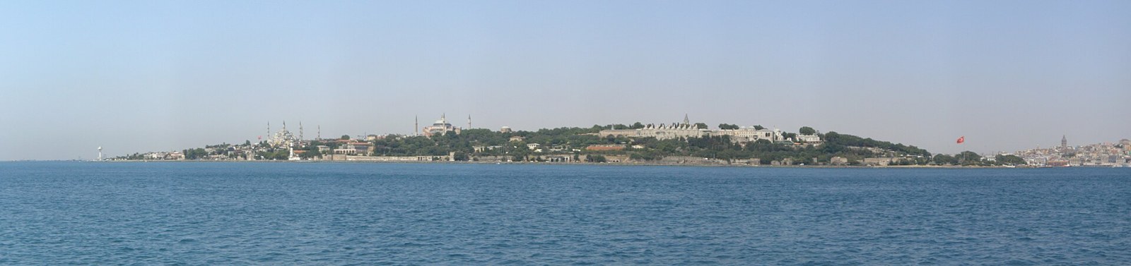 Panorama of Istanbul's Sarayburnu peninsula from the sea, with Topkapi Palace, Hagia Sophia and the Blue Mosque on the skyline