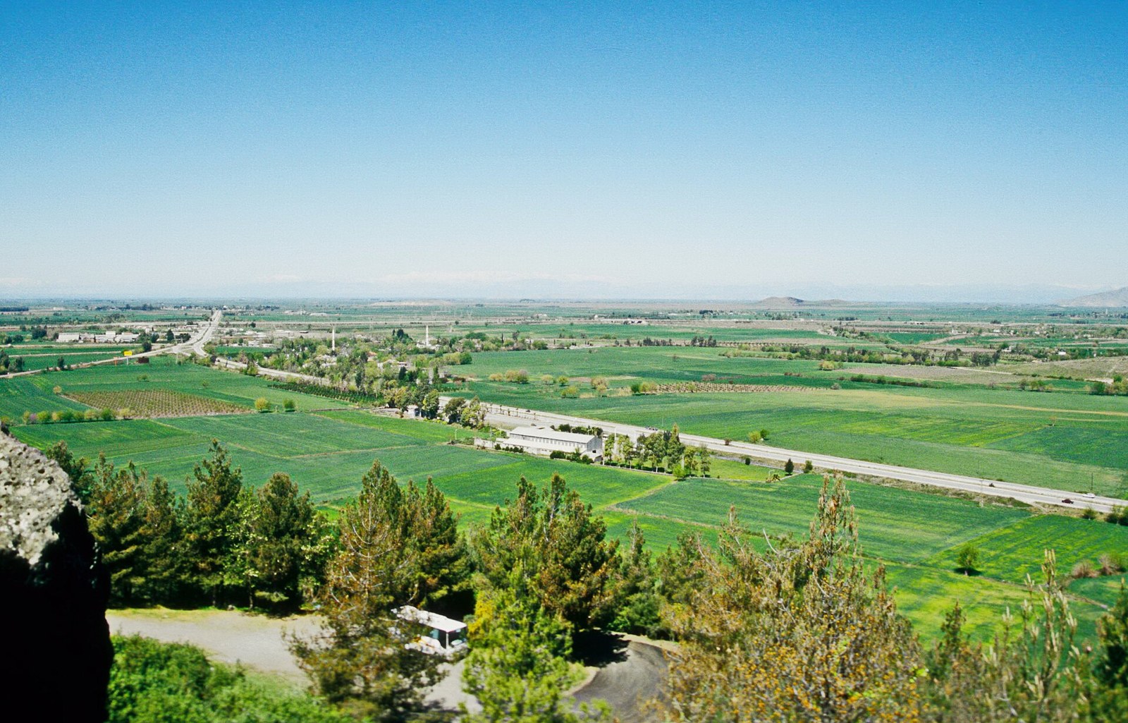 Aerial view of green farmland and a highway running across a wide plain, seen from a hillside with pine trees and a distant minaret