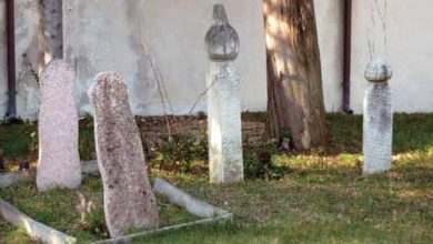 Old stone Ottoman-style gravestones, some with carved turban tops, stand on grass in front of a white wall and a tree.