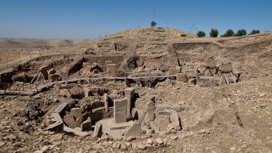 Excavated Neolithic site with standing stone pillars, wooden walkways and a hill under a clear blue sky, Göbeklitepe area